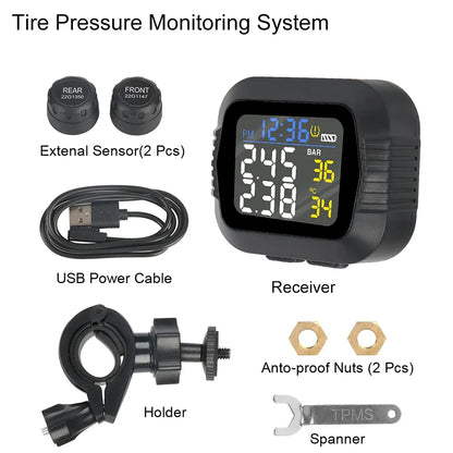 Motorcycle TPMS Tire Pressure Monitoring System Temperature Alarm With 2 External Sensors Moto Tyre Alarm Systems Real Time