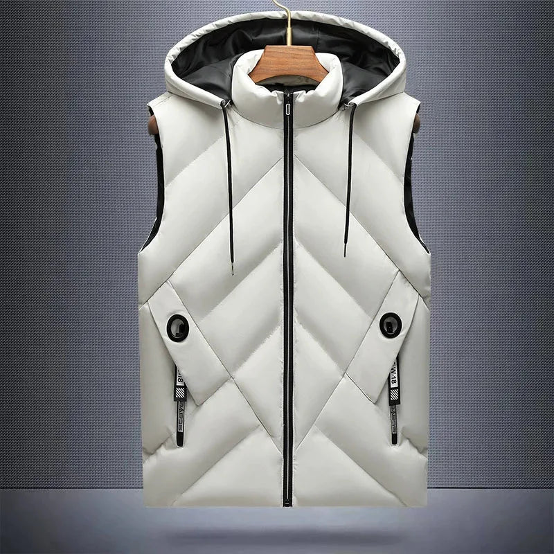 Winter Down Cotton Vest Jacket Men Waterproof Zipper Detachable Hat Sleeveless Coat Man Hooded Stand-Up Collar Casual Waistcoat