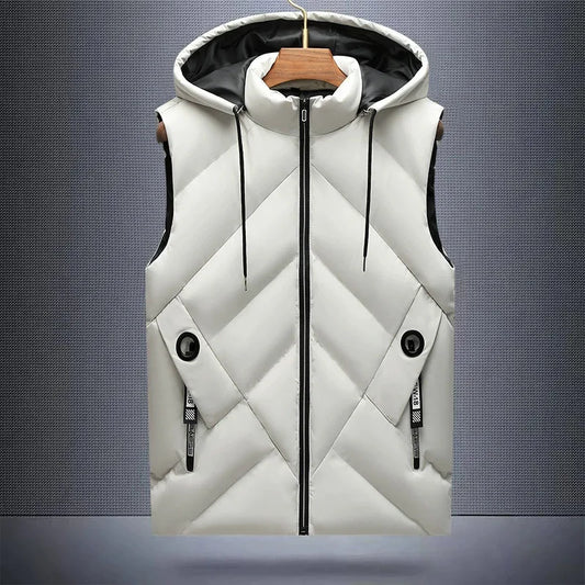 Winter Down Cotton Vest Jacket Men Waterproof Zipper Detachable Hat Sleeveless Coat Man Hooded Stand-Up Collar Casual Waistcoat