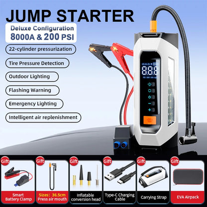 8000a Amp 200 Psi Car Jumper Multi Function 12v Battery Booster Capacitor Auto Compressor Power Bank Jump Starter With Air Pump