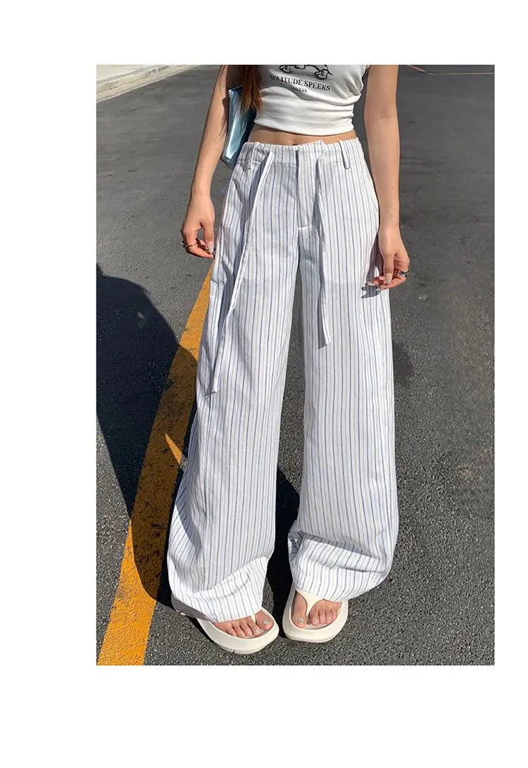 High-waist loose wide-leg pants, spring and summer new drawstring vertical striped versatile straight-leg casual pants for women