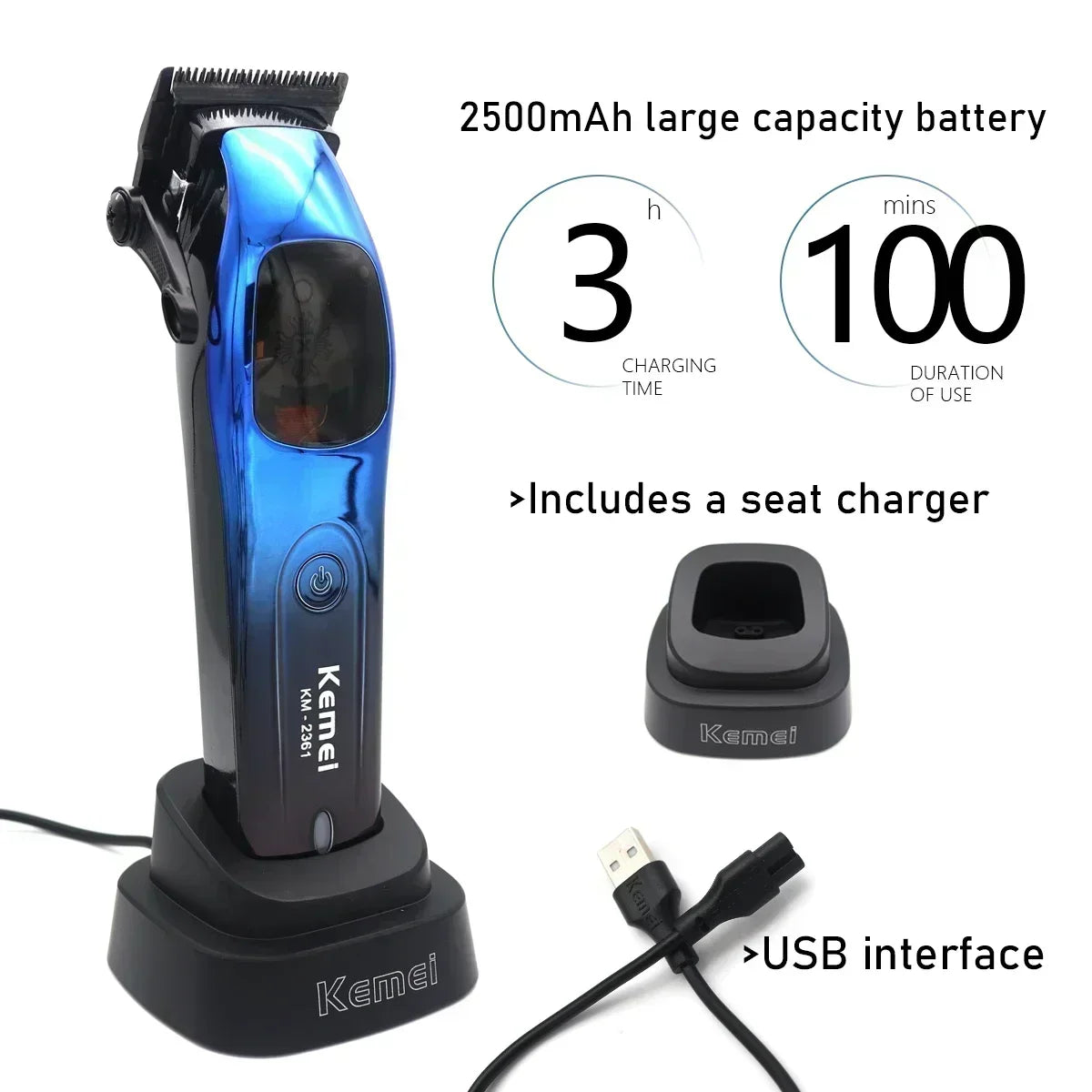 Kemei 2361 10000RPM Professional Men's Hair Clipper Magnetic Motor DLC Blade with Base Charger Hair Trimmer Hair Cutting Machine