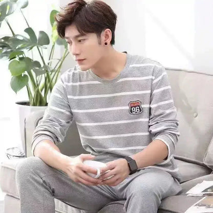 Men‘s Pajama Set Long Sleeve Black Striped Fall and Winter Youth Student Nightwear Loungewear Two Piece Set Sleepwear Homewear