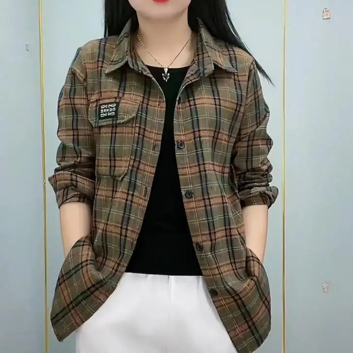 Sun Protection Long Sleeve Cotton Shirt Casual Plaid Women's Top Mom's Shirt Middle-Aged Women's Fashion Autumn 2025