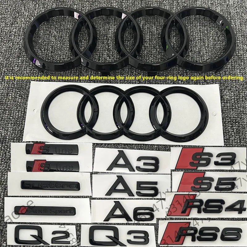 6/5Pcs 4Ring ABS Car Hood Front Grill Rear Trunk Emblem Stickers For Audi A3 A4 A5 A6 A7 Q2 Q3 Q5 Q8 S3 S4 S5 S6 RS3 RS4 RS5 RS6