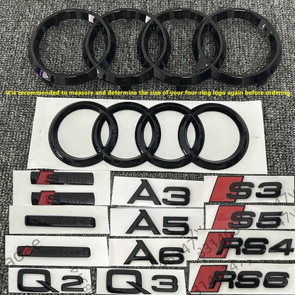 6/5Pcs 4Ring ABS Car Hood Front Grill Rear Trunk Emblem Stickers For Audi A3 A4 A5 A6 A7 Q2 Q3 Q5 Q8 S3 S4 S5 S6 RS3 RS4 RS5 RS6