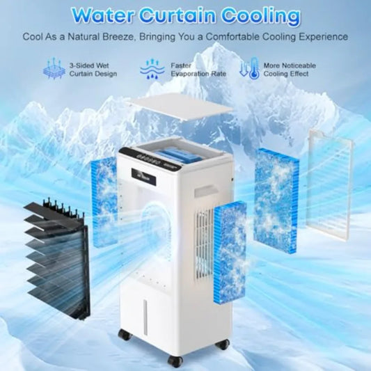 Portable air conditioner for home bedroom kitchen use, black plastic unit with 3-in-1 cooling fan, 3 modes 3-speed remote contr