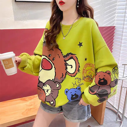 Spring Loose Fit Women's Hoodless Sweatshirt Thin New Korean Style Casual Outerwear Top Bamboo Cotton Long Sleeve round Neck