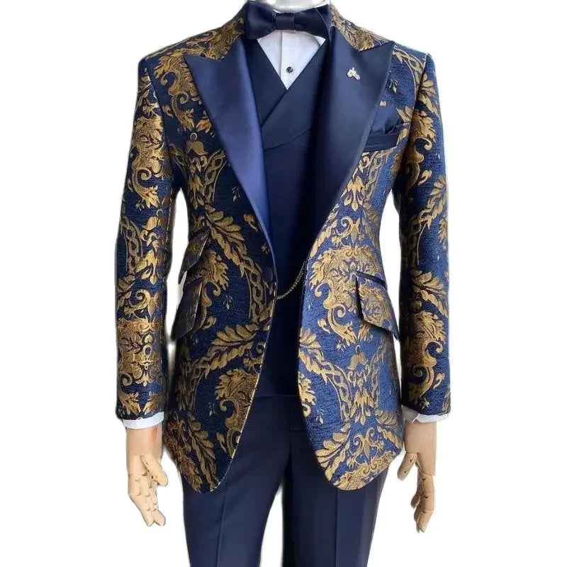 Jacquard Floral Tuxedo Suits for Men Wedding Slim Fit Navy Blue and Gold Gentleman Male Costume Suit Set