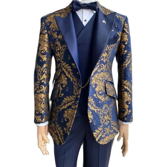Jacquard Floral Tuxedo Suits for Men Wedding Slim Fit Navy Blue and Gold Gentleman Male Costume Suit Set