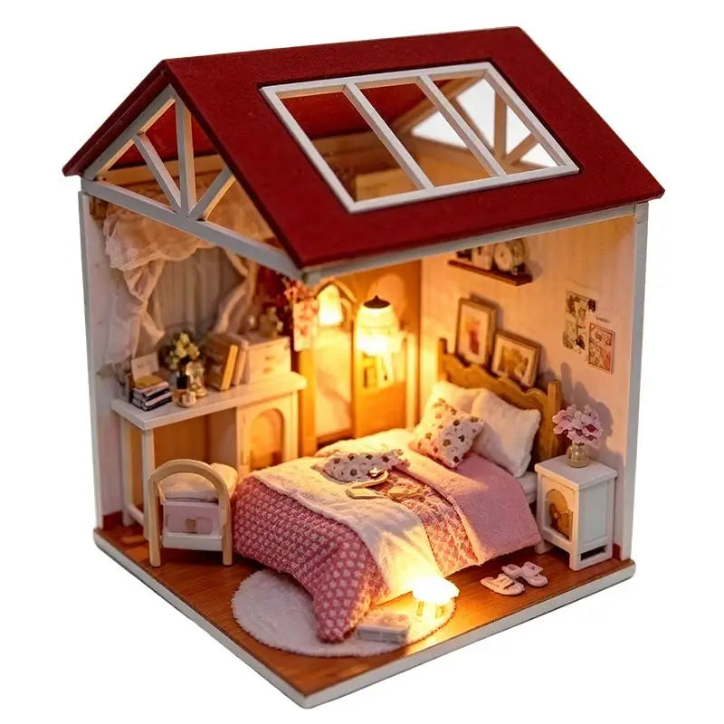 DIY Miniature Wooden Dollhouse Kit Mini House Model Handmade Assembly Craft Kit Stress Relief Desk Decor Birthday Gift For Adult