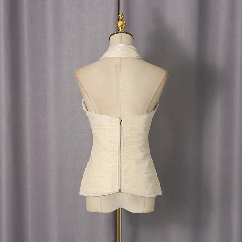 VGH High End Sexy Slimming Tank Top for Women Halter Deep Neck Sleeveless Spliced Folds Tunic Backless Chic Evening Vest Female