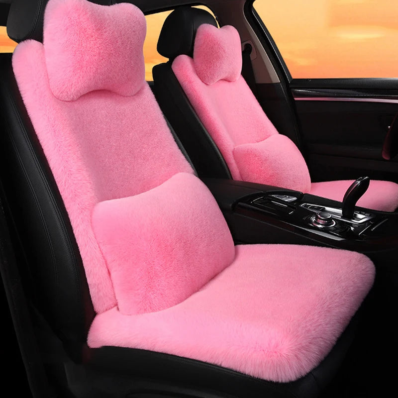 2/3/4pcs Super Soft Fluffy Rabbit Faux Fur Car Seat Cover Winter Plush Warm Thick Home Car Seat Cushion Pad Neck/Waist Pillow