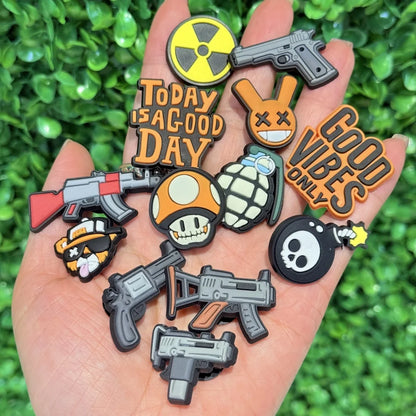 13-100pcs Skull Gun Mushroom Cool Shoe Buckle Sandal DIY Accessories PVC Shoes Charms Clogs Pins Decor Unisex Kids Party Gift