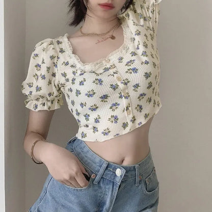 Floral Print Square Neck Short Sleeve Slim Fit T-Shirt Women's Summer 2026 New Bubble Sleeve Belly Baring Trendy Top