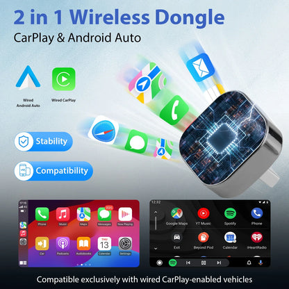 2 in 1 Android Auto Wireless Adapter CarPlay USB C 5Ghz WiFi Dongle Plug Play for Car Music Hands Free Calling