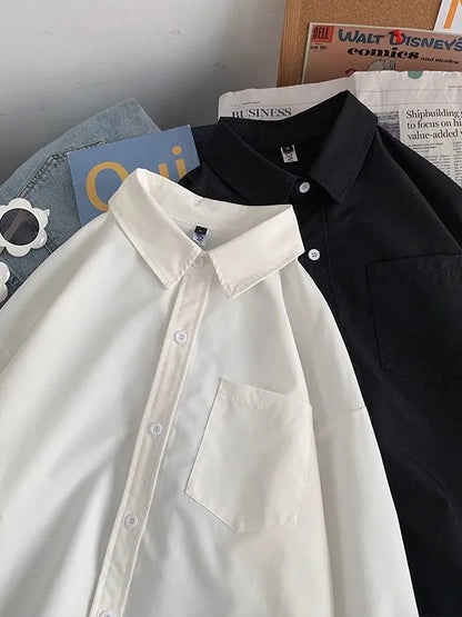 Loose Long Sleeve Pure Color Shirt Women's Basic Style Retro Korean Hong Kong Style Casual Outerwear for Couples Student Fashion