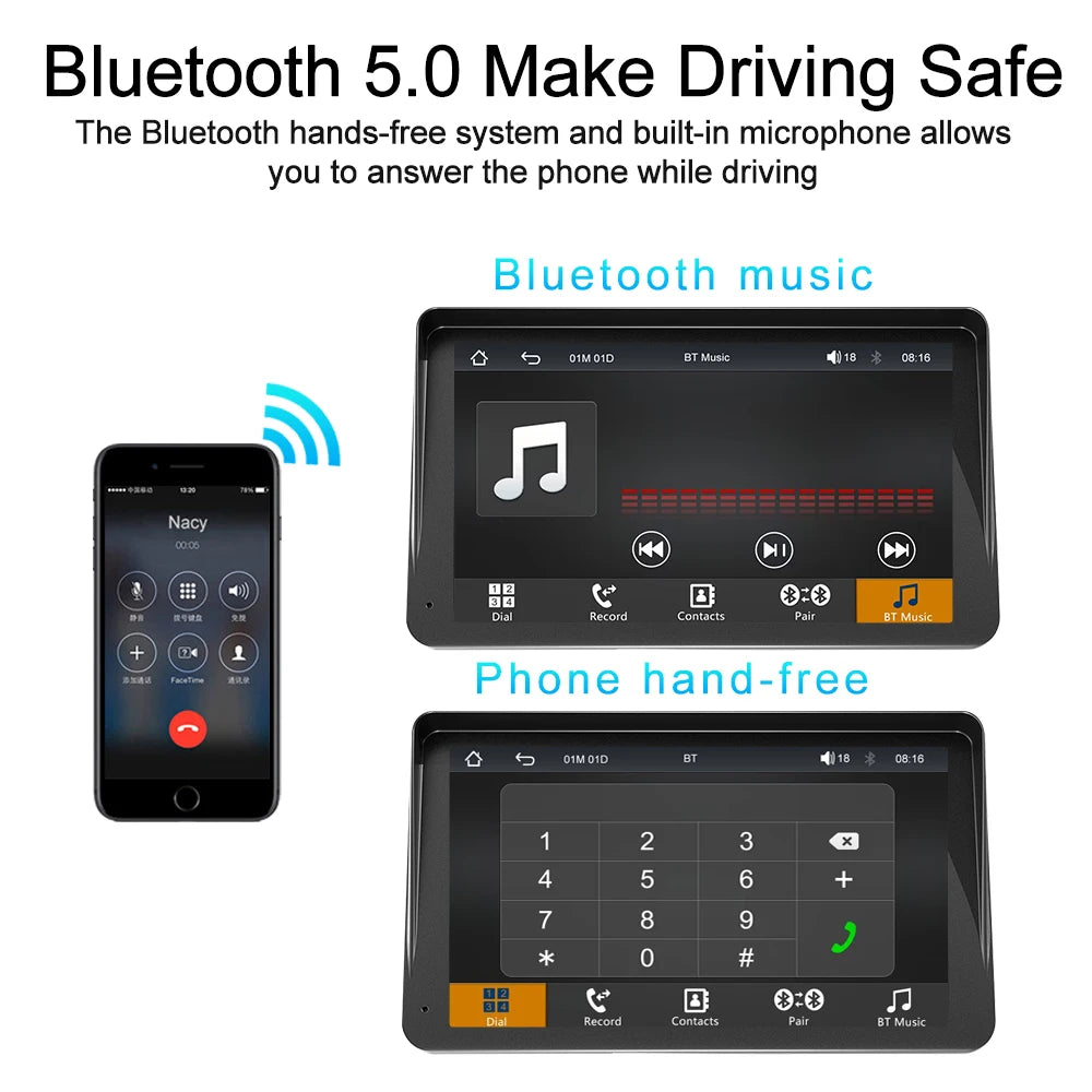 7" / 9" Portable Wireless Carplay Android Auto Car Radio Multimedia Player IPS Touch Screen AUX USB Bluetooth Mirror Link AHD