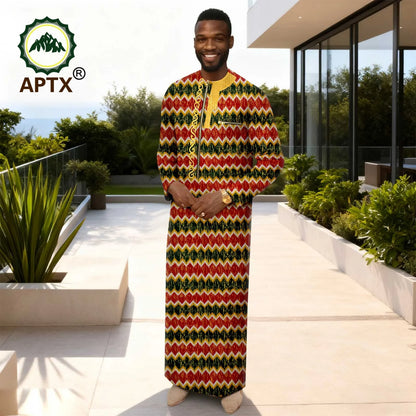 APTX Men's Traditional Muslim Robe 3-Pcs Set Long Sleeves African Dress Middle East Jubba Thobe Wedding Suit