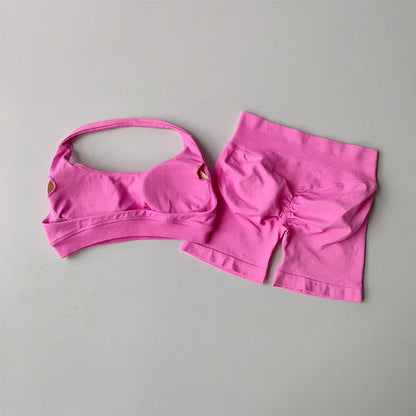 Women's Seamless Halter Yoga Set 2 Piece High Waist Scrunch Butt Shorts Quick Dry Breathable Gym Activewear
