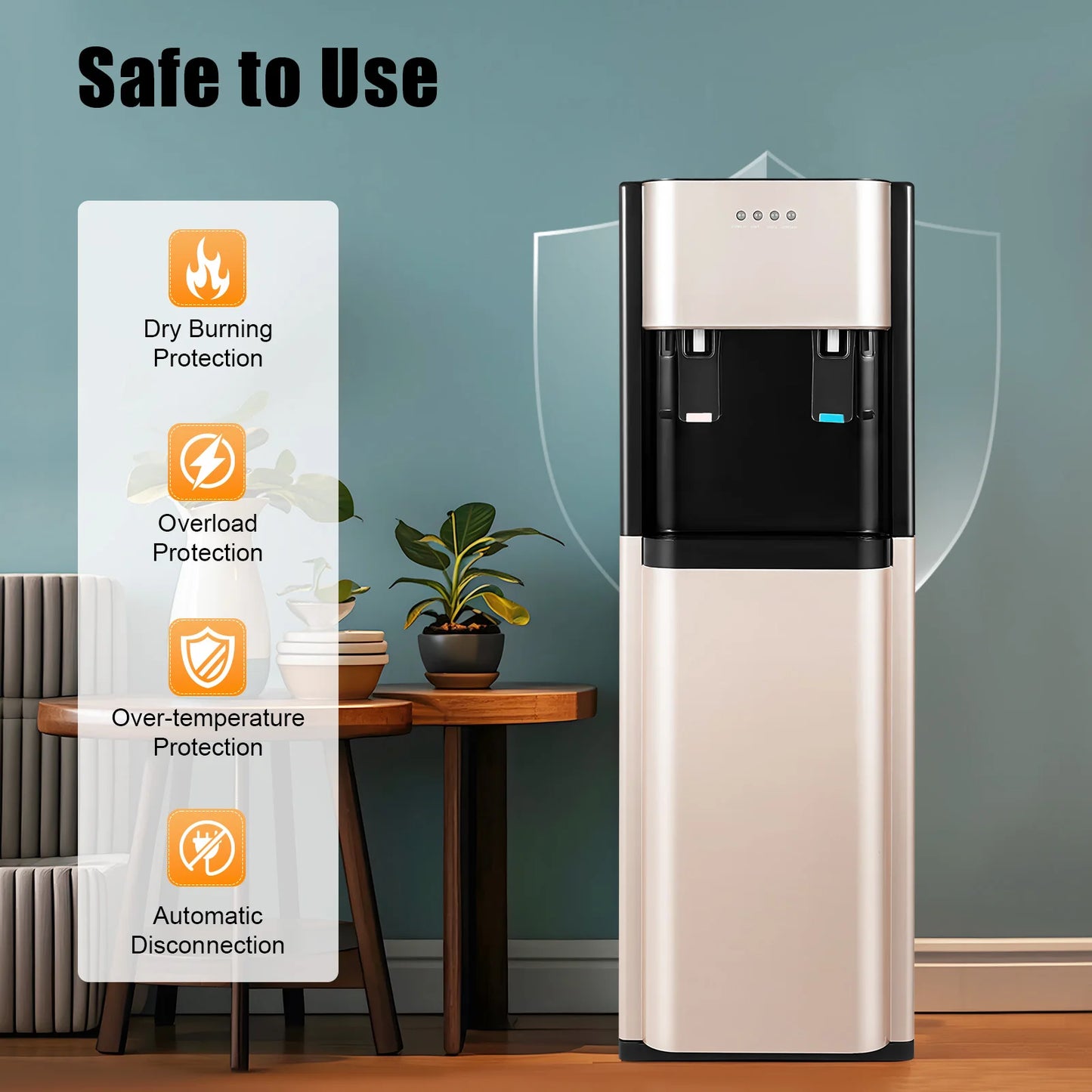 Water Dispenser Hot Cold Water Cooler Dispenser Bottom Loading Fast 0.16GalH 450W Heating 70W Cooling 304 Stainless Steel 110V US Plug No Assembly Gold