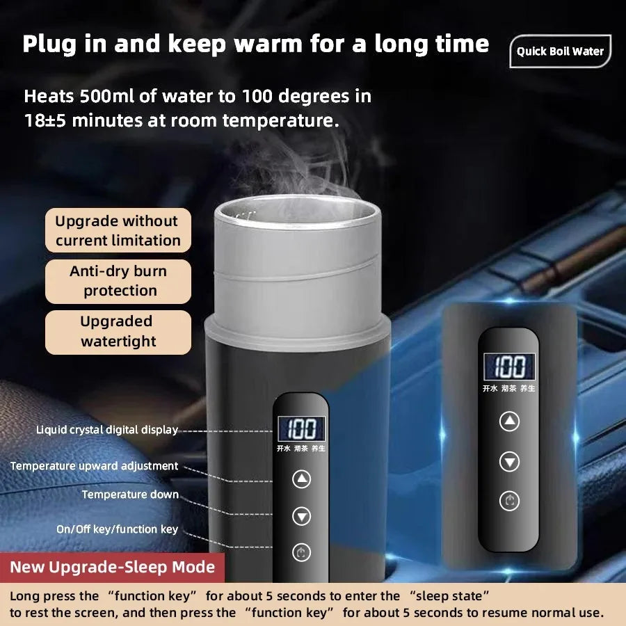 500ml Electric Kettle Portable Car Heating Cup 12V/24V Touch Screen Intelligent Temperature Adjustment Travel Thermal Kettle