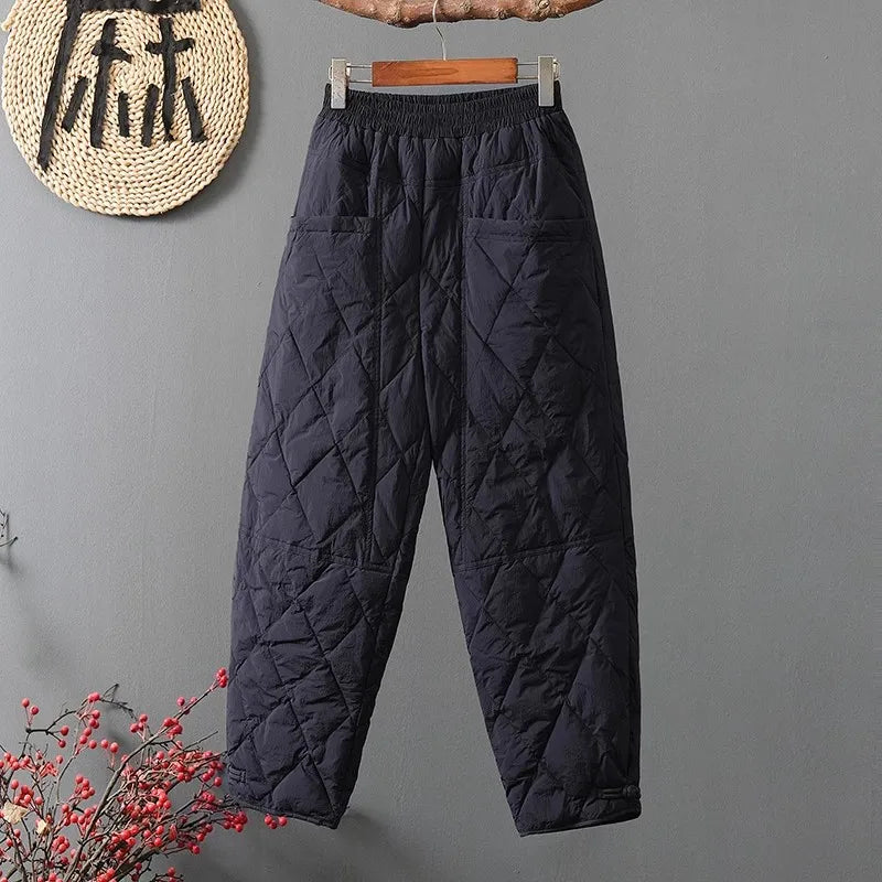 2025 Winter Faion Diamond Pattern Cotton Pants Women Loose Large Size Dad Boot Pants Thi Warm Outerwear Trousers