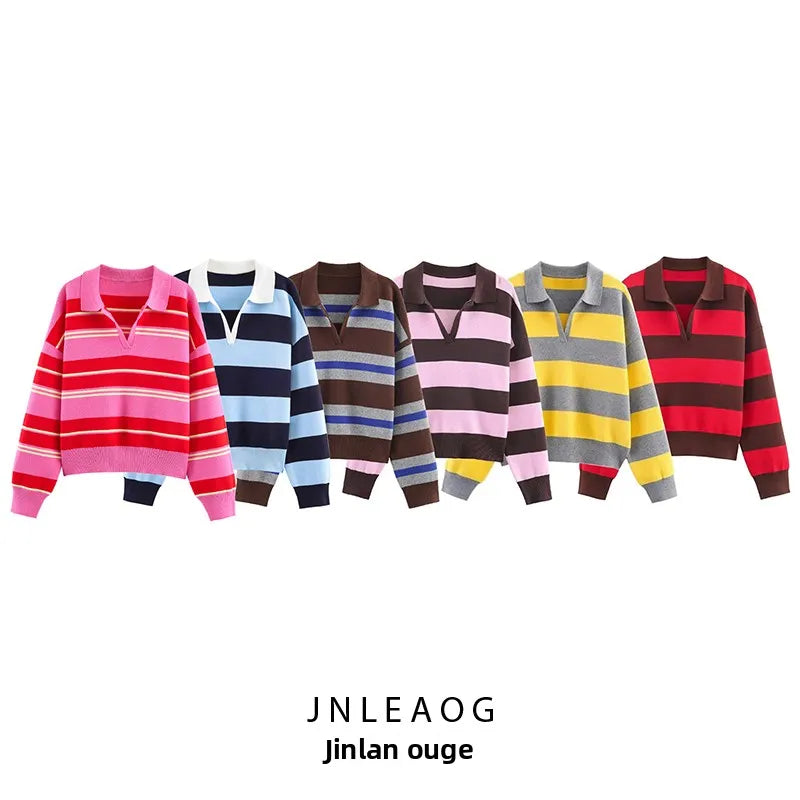 JNLEAOG Fashionable Striped Knitted  Shirt Women's Loose Fit Classic Pattern Long Sleeve Youthful Vitality Autumn New Arr...
