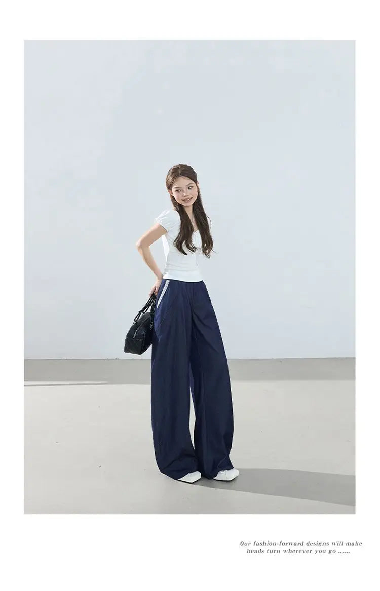 American-style retro loose wide-leg pants, lightweight curved pants, cool lace splicing, versatile casual pants for women