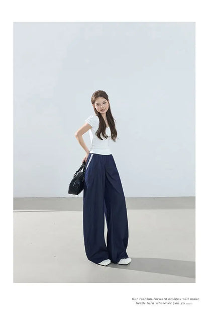 American-style retro loose wide-leg pants, lightweight curved pants, cool lace splicing, versatile casual pants for women