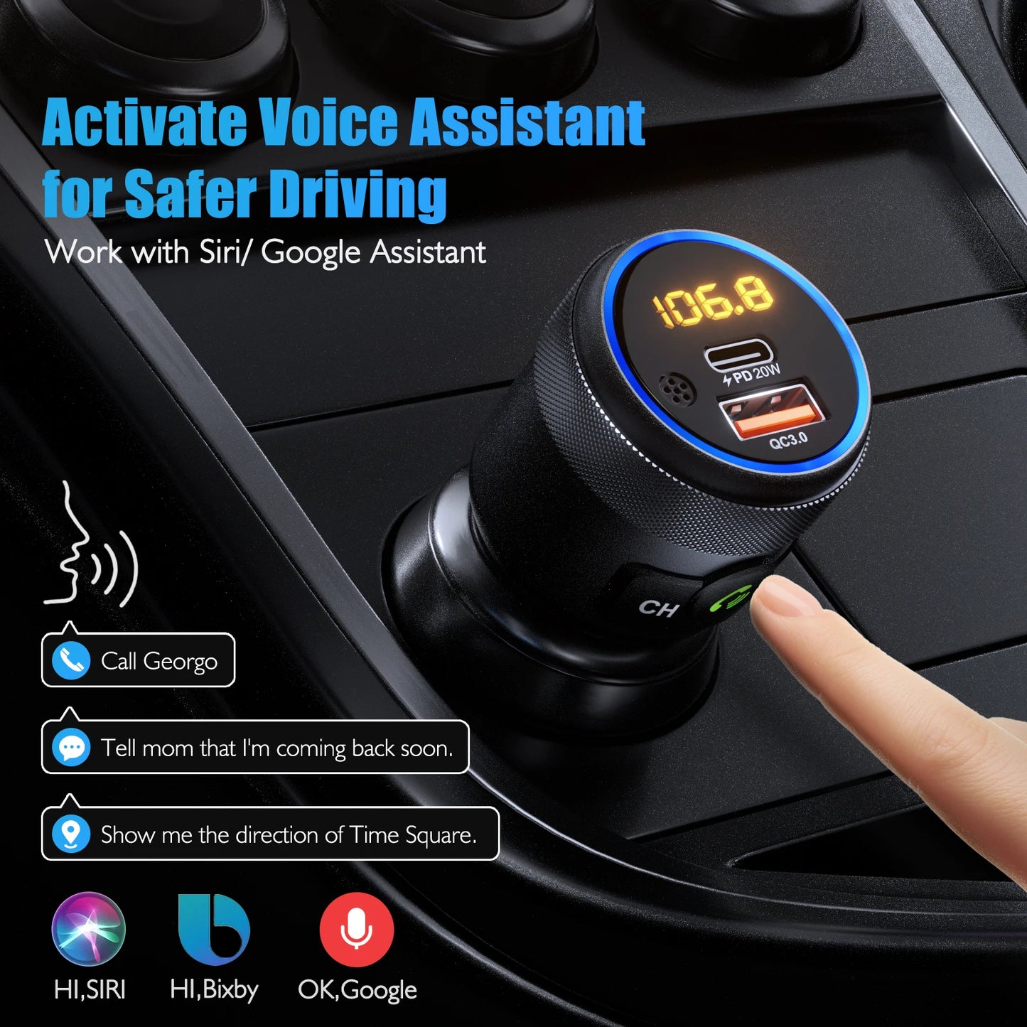 LENCENT FM Transmitter Car Bluetooth 5.1 Modulator WithType C PD 20W and QC3.0 18W Car Fast Charger MP3 Player Radio Car Kit