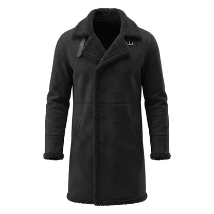 Men’s Winter Fleece-Lined Jacket Thickened Faux Fur Windproof Coat Double-Breasted Belted Trench  Outdoor Hunting Hiking Male