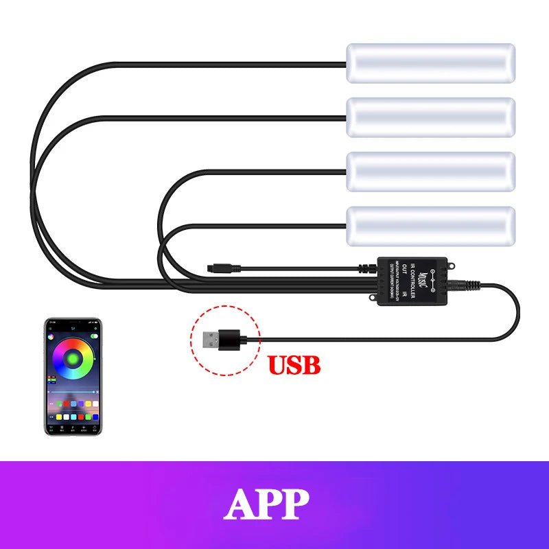 LED Car Interior Ambient Foot Light Kit With USB Cigarette Lighter Backlight Remote App Music Control Auto RGB Decorative Lamp