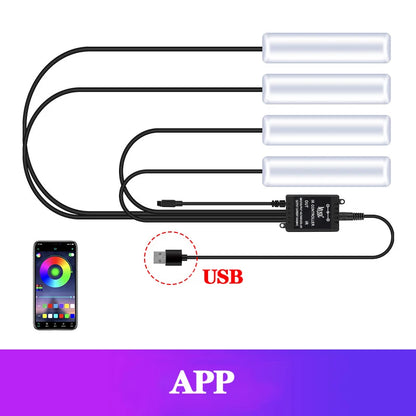 LED Car Interior Ambient Foot Light Kit With USB Cigarette Lighter Backlight Remote App Music Control Auto RGB Decorative Lamp