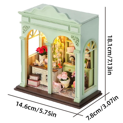 DIY Miniature Dollhouse Kit with LED Light Handmade Wooden Flower Shop Book Nook Creative 3D Puzzle Model Building Set for Gifts