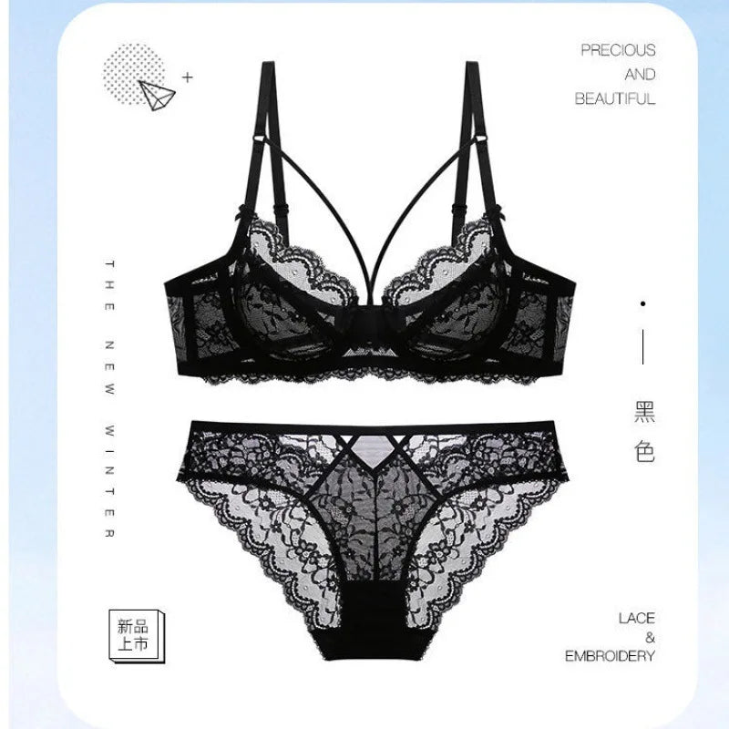 Sexy French Lace Bra Set, Minimizer for Large Bust Sheer See Through, Pure Desire Lingerie with Cutout, All Seasons Bestseller