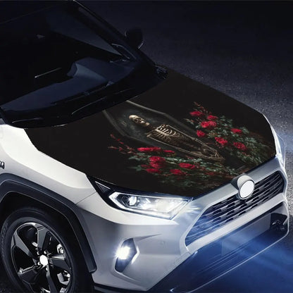 Skeleton in Coffin & Roses Car Vinyl Wrap, PVC Waterproof Car Hood Sticker, Self-Adhesive Scratch-Resistant Stickers for Engine