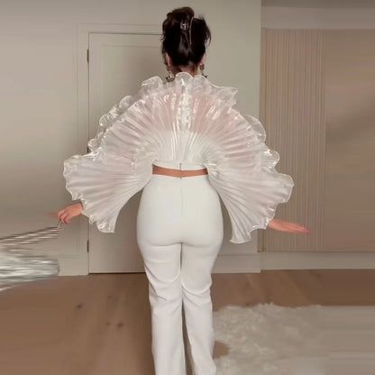 Couture Female Jacket Folded Women Top Long Sleeves Pretty Top Draped See Through Birthday Jacekt Puff Sleeves Girls Top