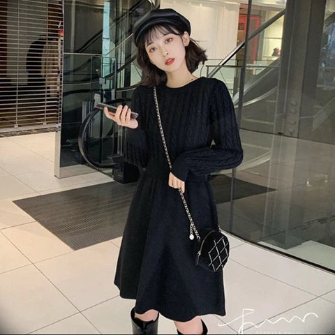 High Waist A-Line Knitted Dress Long Sleeve Base Layer Shirt Waist Cinched Black Dress Autumn Wear Korean Style Commute Dress