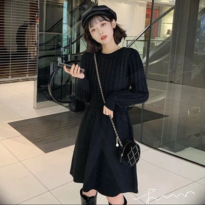 High Waist A-Line Knitted Dress Long Sleeve Base Layer Shirt Waist Cinched Black Dress Autumn Wear Korean Style Commute Dress