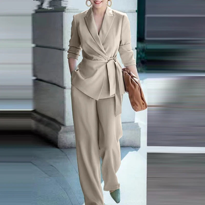 ZANZEA Classy Office Lady Blazer Suits Elegant Women Tied Waist Top and Pant 2pcs Outfit 2025 Trend Streetwear Commute Pant Sets