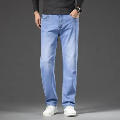 plus Size Men's Blue Straight Loose Jeans 40-44 Cotton Stretch Denim Casual Business Pants for Autumn