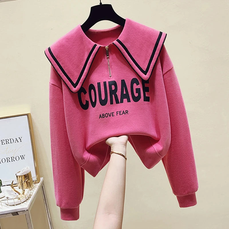 Teenage Girl's Fleece Lined Thickened Navy Collar Sweatshirt Small Size Winter Fashionable Clothing School Sweet Style Zipper