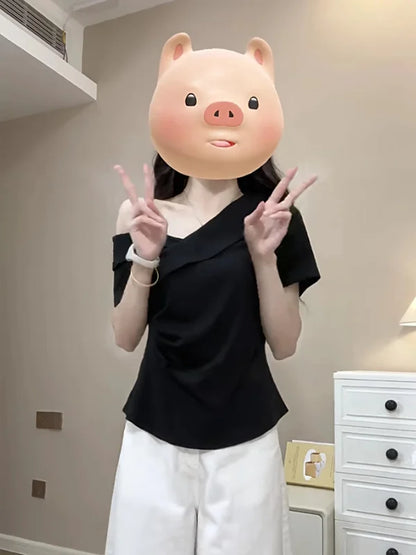 plus Size Slim Fit Short Sleeve Cross Neck Shoulder Bared T-Shirt Casual Style Versatile Summer New Arrival Women's Top