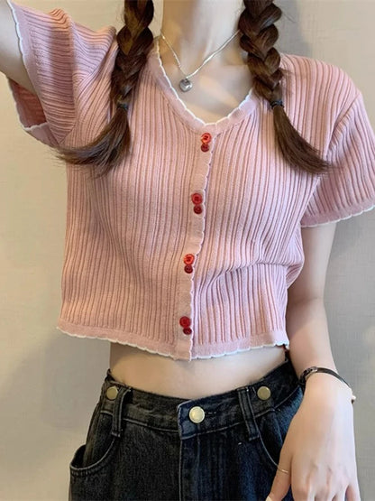 Summer Women's Ice Silk Knitted T-shirt Short Sleeve Striped High Waist Design Sweet And Spicy Belly Button Short Top