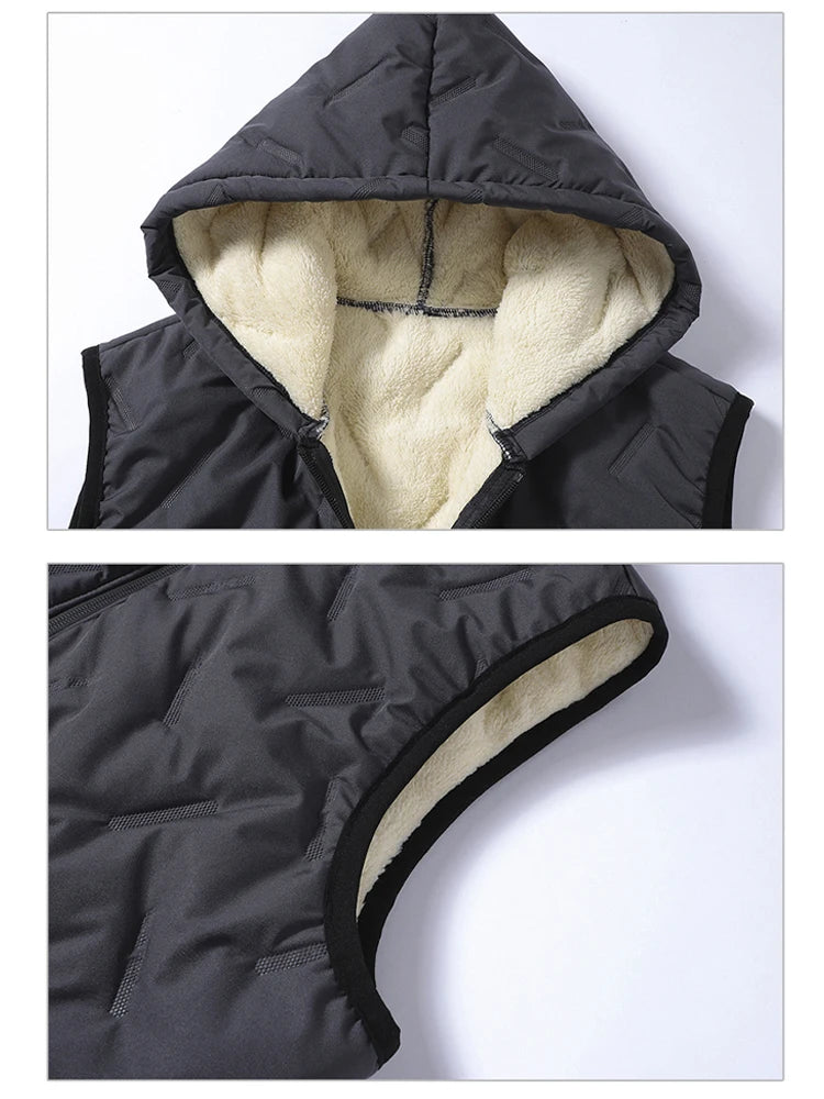 EU Size Men's Hooded Vest Thermal Padded Winter Jacket Fleece Lined Waistcoat Autumn Warm Quilted Jacket Black Grey Puffer Vest