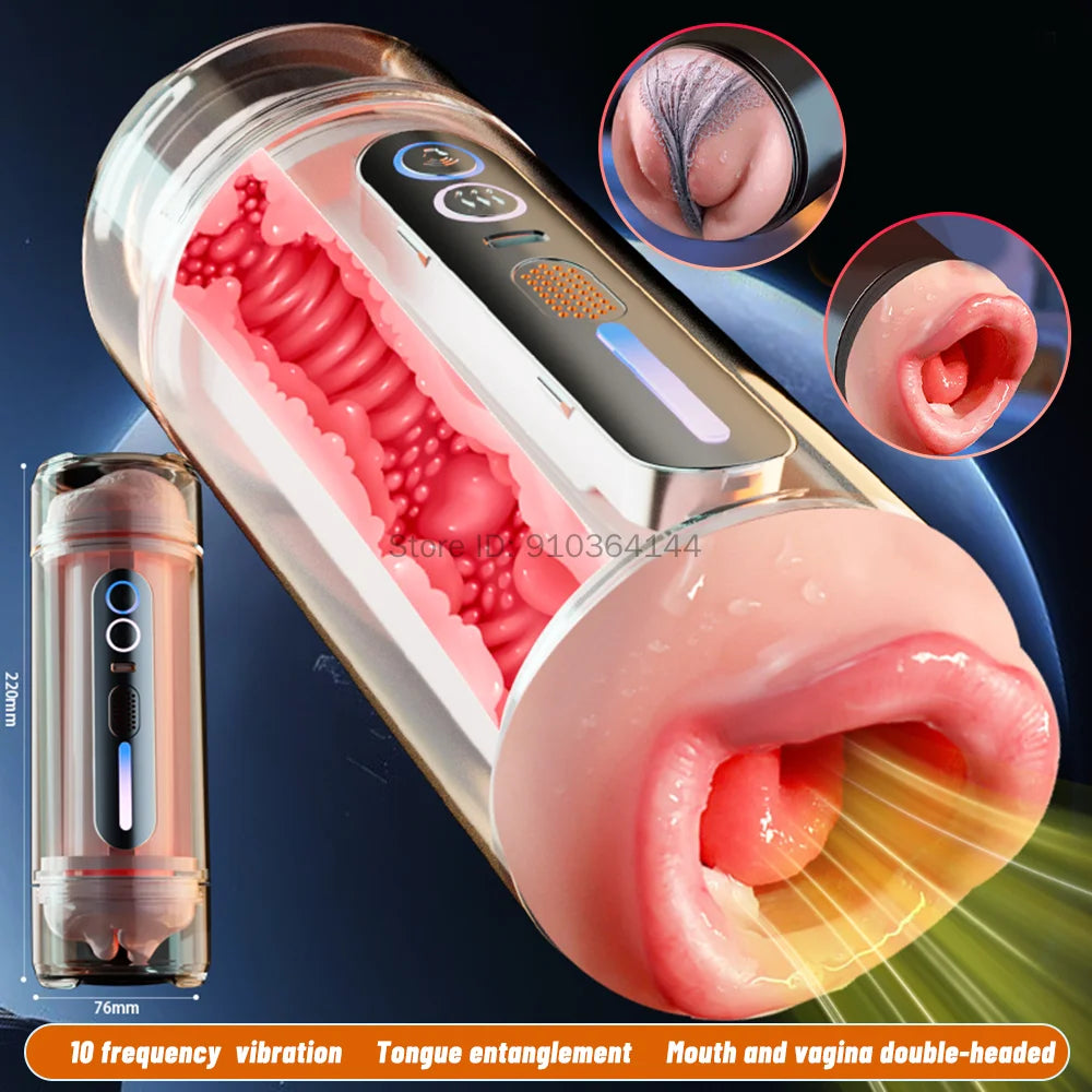 Realistic Oral Vagina Two Head Use Male Masturbator Automatic Vibrating Moaning Pocket Pussy Voice Blowjob Cup Sex Toys for Men