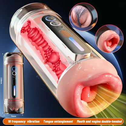 Realistic Oral Vagina Two Head Use Male Masturbator Automatic Vibrating Moaning Pocket Pussy Voice Blowjob Cup Sex Toys for Men