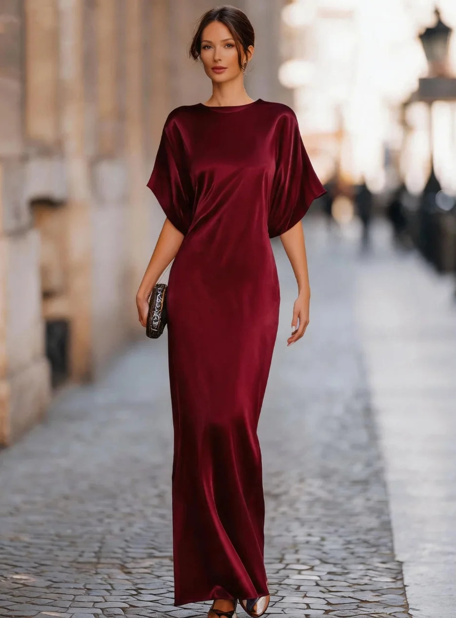 Women's Satin Maxi Dress Short Batwing Sleeve Elegant Evening Gown Flowy Party Dress Casual Formal Wear