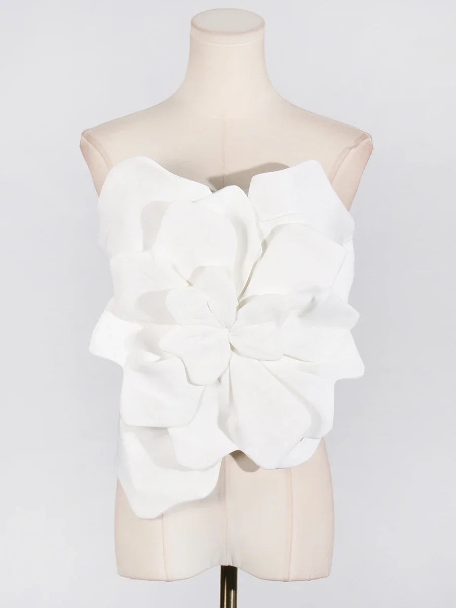 VGH Sexy Patchwork 3D Flower Tank Tops for Women Strapless Sleeveless Spliced Zipper Solid Temperament Vest Female Fashion Style